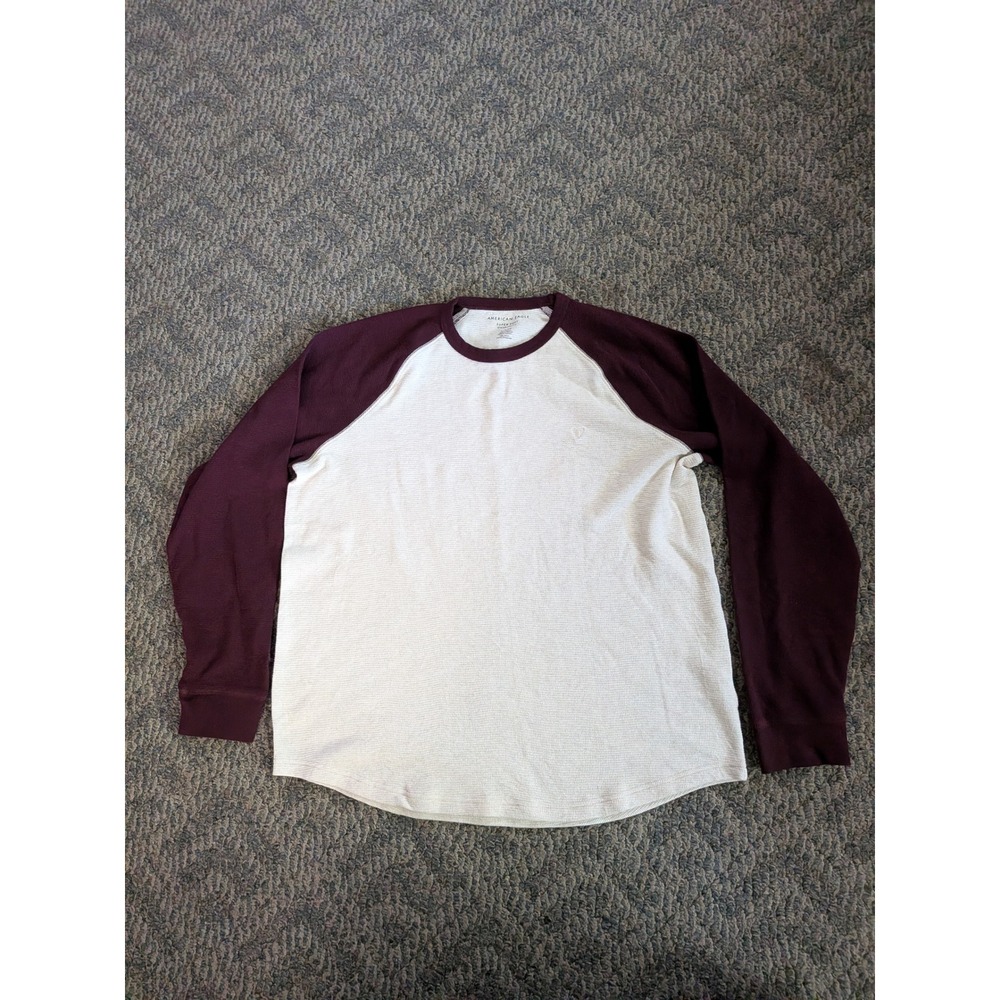 American Eagle Super Soft Thermal Raglan Shirt XL Cream Burgundy Waffle Knit